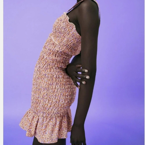 Zara Ditzy Floral Smocked Elasticized Mini Dress Orange Lilac Size Medium - Picture 4 of 9